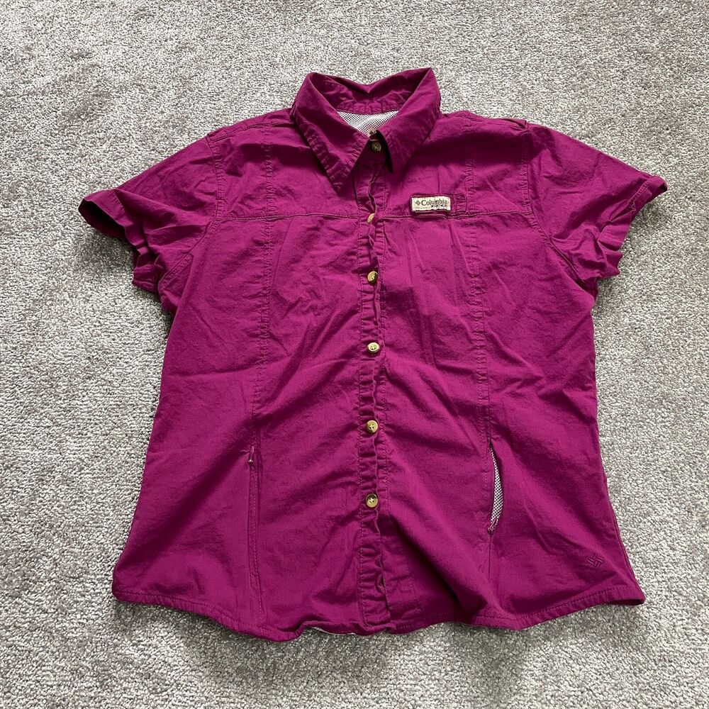 Columbia Button Up Shirt Girls XL Purple Short Sleeve Outdoor Hiking Camping Top